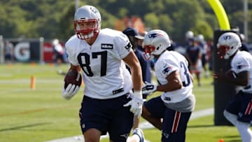 Jul 28, 2016; Foxboro, MA, USA; New England Patriots tight end Rob Gronkowski (87) runs drills during training camp at Gillette Stadium. Mandatory Credit: Winslow Townson-USA TODAY Sports