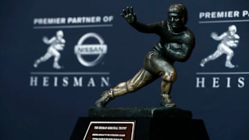 NEW YORK, NY - DECEMBER 09: The Heisman Trophy is displayed at a press conference for the 2017 Heisman Trophy Presentation on December 9, 2017 in New York City. (Photo by Jeff Zelevansky/Getty Images)