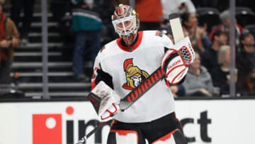 ANAHEIM, CALIFORNIA - MARCH 10: Marcus Hogberg #35 of the Ottawa Senators looks on after a goal by Nicolas Deslauriers #20 of the Anaheim Ducks during the first period of a game at Honda Center on March 10, 2020 in Anaheim, California. (Photo by Sean M. Haffey/Getty Images)