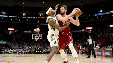 CLEVELAND, OHIO - JANUARY 02: Torrey Craig #13 of the Indiana Pacers guards Kevin Love #0 of the Cleveland Cavaliers during the third quarter at Rocket Mortgage Fieldhouse on January 02, 2022 in Cleveland, Ohio. The Cavaliers defeated the Pacers 108-104. NOTE TO USER: User expressly acknowledges and agrees that, by downloading and/or using this photograph, user is consenting to the terms and conditions of the Getty Images License Agreement. (Photo by Jason Miller/Getty Images)