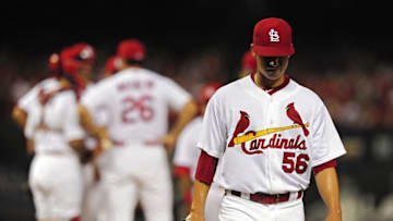 Sep 1, 2015; St. Louis, MO, USA; St. Louis Cardinals starting pitcher Marco Gonzales (56) is removed from the game after giving up four earned runs to the Washington Nationals during the third inning at Busch Stadium. Mandatory Credit: Jeff Curry-USA TODAY Sports