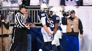 Nov 5, 2016; University Park, PA, USA; Penn State Nittany Lions running back Saquon Barkley (26) celebrates his touchdown with tight end Mike Gesicki (88) against the Iowa Hawkeyes during the second quarter at Beaver Stadium. Mandatory Credit: Rich Barnes-USA TODAY Sports