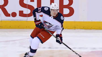 TORONTO, ON - JANUARY 08: Columbus Blue Jackets Right Wing Markus Hannikainen (37) in warm ups prior to the regular season NHL game between the Columbus Blue Jackets and Toronto Maple Leafs on January 8, 2018 at Air Canada Centre in Toronto, ON. (Photo by Gerry Angus/Icon Sportswire via Getty Images)
