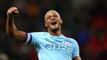 LONDON, ENGLAND - FEBRUARY 25: Vincent Kompany of Manchester City celebrates after the Carabao Cup Final between Arsenal and Manchester City at Wembley Stadium on February 25, 2018 in London, England. (Photo by Julian Finney/Getty Images)