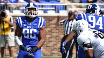 DURHAM, NC - SEPTEMBER 09: Drew Jordan #86 of the Duke Blue Devils celebrates following a defensive play against the Northwestern Wildcats at Wallace Wade Stadium on September 9, 2017 in Durham, North Carolina. (Photo by Lance King/Getty Images)