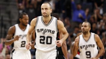 Nov 16, 2015; San Antonio, TX, USA; San Antonio Spurs shooting guard Manu Ginobili (20) reacts after a shot against the Portland Trail Blazers during the second half at AT&T Center. Mandatory Credit: Soobum Im-USA TODAY Sports