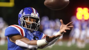 MUS' Hunter Barnes catches a pass during warm ups before their game against Christian Brothers at Hull-Dobbs Field on Friday, Oct. 15, 2021.Jrca9357