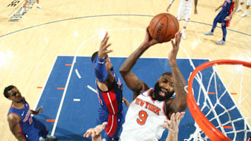NEW YORK, NY - OCTOBER 21: Kyle O'Quinn #9 of the New York Knicks shoots the ball during a game against the Detroit Pistons at Madison Square Garden in New York City, New York on October 21, 2017. Copyright 2017 NBAE (Photo by Nathaniel S. Butler/NBAE via Getty Images)