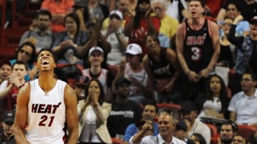 Apr 5, 2016; Miami, FL, USA; Miami Heat center Hassan Whiteside (21) reacts during the second half of Tuesday night