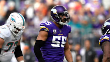 MINNEAPOLIS, MN - DECEMBER 16: Anthony Barr #55 of the Minnesota Vikings reacts after sacking Ryan Tannehill #17 of the Miami Dolphins in the third quarter of the game at U.S. Bank Stadium on December 16, 2018 in Minneapolis, Minnesota. (Photo by Hannah Foslien/Getty Images)