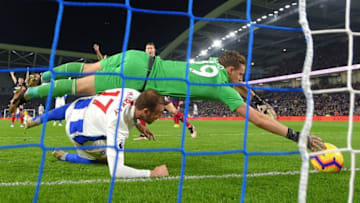 BRIGHTON, ENGLAND - DECEMBER 26: Bernd Leno of Arsenal saves the ball on the goal line during the Premier League match between Brighton & Hove Albion and Arsenal FC at American Express Community Stadium on December 26, 2018 in Brighton, United Kingdom. (Photo by Mike Hewitt/Getty Images)