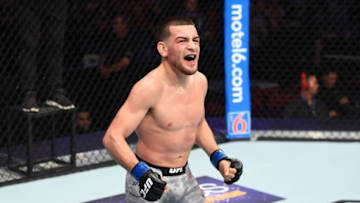 UTICA, NY - JUNE 01: Jose Torres celebrates after defeating Jarred Brooks in their flyweight fight during the UFC Fight Night event at the Adirondack Bank Center on June 1, 2018 in Utica, New York. (Photo by Josh Hedges/Zuffa LLC/Zuffa LLC via Getty Images)