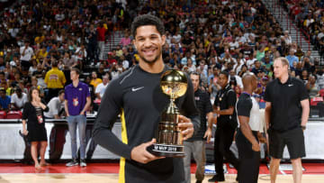 LAS VEAGS, NV - JULY 17: Josh Hart #5 of the Los Angeles Lakers is named Most Valuable Player of MGM Resorts NBA Summer League 2018 before the game against the Portland Trail Blazers during the 2018 Las Vegas Summer League on July 17, 2018 at the Thomas & Mack Center in Las Vegas, Nevada. NOTE TO USER: User expressly acknowledges and agrees that, by downloading and/or using this Photograph, user is consenting to the terms and conditions of the Getty Images License Agreement. Mandatory Copyright Notice: Copyright 2018 NBAE (Photo by Garrett Ellwood/NBAE via Getty Images)