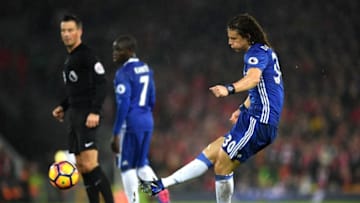 LIVERPOOL, ENGLAND - JANUARY 31: David Luiz of Chelsea scores the opening goal during the Premier League match between Liverpool and Chelsea at Anfield on January 31, 2017 in Liverpool, England. (Photo by Darren Walsh/Chelsea FC via Getty Images)