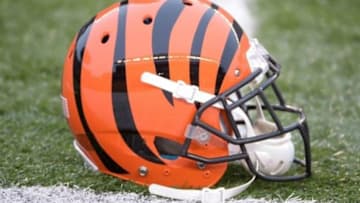 Jan 5, 2014; Cincinnati, OH, USA; General view of Cincinnati Bengals helmet on the field during the 2013 AFC wild card playoff football game at Paul Brown Stadium. Mandatory Credit: Kirby Lee-USA TODAY Sports