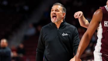 Jan 31, 2023; Columbia, South Carolina, USA; Mississippi State Bulldogs head coach Chris Jans disputes a call against the South Carolina Gamecocks in the first half at Colonial Life Arena. Mandatory Credit: Jeff Blake-USA TODAY Sports