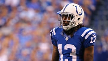Sep 11, 2016; Indianapolis, IN, USA; Indianapolis Colts wide receiver T.Y. Hilton (13) looks on during a stop in play in the second half against the Detroit Lions at Lucas Oil Stadium. The Lions won 39-35. Mandatory Credit: Aaron Doster-USA TODAY Sports