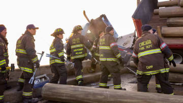 CHICAGO FIRE -- "An Officer with Grit" Episode 1014 -- Pictured: (l-r) Christian Stolte as Mouch, Alberto Rosende as Blake Gallo, Miranda Rae Mayo as Stella Kidd, Brett Dalton at Jason Pelham, Joe Minoso as Joe Cruz, Randy Flagler as Harold Capp -- (Photo by: Adrian S. Burrows Sr./NBC)