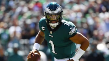 Sep 19, 2021; Philadelphia, Pennsylvania, USA; Philadelphia Eagles quarterback Jalen Hurts (1) rolls out of the pocket against the San Francisco 49ers at Lincoln Financial Field. Mandatory Credit: Eric Hartline-USA TODAY Sports