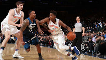 NEW YORK, NY - MARCH 23: Frank Ntilikina #11 of the New York Knicks handles the ball against the Minnesota Timberwolves on March 23, 2018 at Madison Square Garden in New York City, New York. Copyright 2018 NBAE (Photo by Nathaniel S. Butler/NBAE via Getty Images)