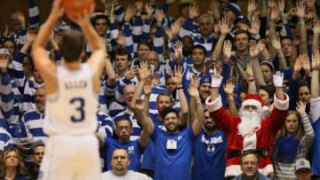 Dec 19, 2016; Durham, NC, USA; Duke Blue Devils fans watch as Duke Blue Devils guard Grayson Allen (3) shoots a free throw in the first half of their game against the Tennessee State Tigers at Cameron Indoor Stadium. Mandatory Credit: Mark Dolejs-USA TODAY Sports