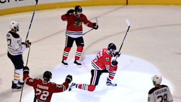 Jan 5, 2017; Chicago, IL, USA; Chicago Blackhawks center Artem Anisimov (15) celebrates his goal against the Buffalo Sabres during the third period at the United Center. The Hawks won 4-3 in overtime. Mandatory Credit: David Banks-USA TODAY Sports