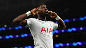 LONDON, ENGLAND - NOVEMBER 26: Serge Aurier of Tottenham Hotspur celebrates after scoring his team's third goal during the UEFA Champions League group B match between Tottenham Hotspur and Olympiacos FC at Tottenham Hotspur Stadium on November 26, 2019 in London, United Kingdom. (Photo by Justin Setterfield/Getty Images)
