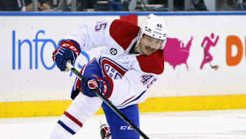 NEW YORK, NEW YORK - APRIL 27: Laurent Dauphin #45 of the Montreal Canadiens skates against the New York Rangers at Madison Square Garden on April 27, 2022 in New York City The Canadiens defeated the Rangers 4-3. (Photo by Bruce Bennett/Getty Images)