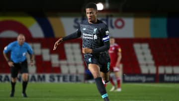 ACCRINGTON, ENGLAND - OCTOBER 29: Elijah Dixon-Bonner of Liverpool U21 in action during the Leasing.com Trophy match between Accrington Stanley FC and Liverpool U21s at The Crown Ground on October 29, 2019 in Accrington, England. (Photo by Charlotte Tattersall/Getty Images)