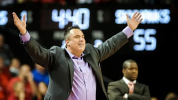 LINCOLN, NE - NOVEMBER 28: Head coach Heath Schroyer of the Tennessee-Martin Skyhawks reacts during their game against the Nebraska Cornhuskers at Pinnacle Bank Arena November 28, 2014 in Lincoln, Nebraska. (Photo by Eric Francis/Getty Images)