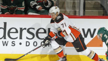 ST. PAUL, MN - FEBRUARY 17: J.T. Brown #71 of the Anaheim Ducks skates with the puck against the Minnesota Wild during the game at the Xcel Energy Center on February 17, 2018 in St. Paul, Minnesota. (Photo by Bruce Kluckhohn/NHLI via Getty Images)