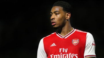 BOREHAMWOOD, ENGLAND - MARCH 03: Zech Medley of Arsenal FC looks on during the Premier League International Cup match between Arsenal FC and AS Monaco FC at Meadow Park on March 03, 2020 in Borehamwood, England. (Photo by James Chance/Getty Images)