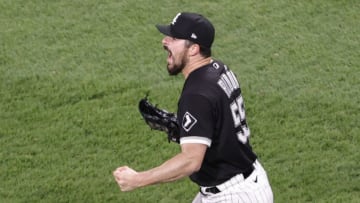 Apr 14, 2021; Chicago, Illinois, USA; Chicago White Sox starting pitcher Carlos Rodon (55) reacts after delivering a final out against the Cleveland Indians during the ninth inning at Guaranteed Rate Field. Mandatory Credit: Kamil Krzaczynski-USA TODAY Sports