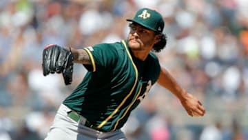 NEW YORK, NEW YORK - SEPTEMBER 01: Sean Manaea #55 of the Oakland Athletics pitches during the second inning against the New York Yankees at Yankee Stadium on September 01, 2019 in New York City. (Photo by Jim McIsaac/Getty Images)