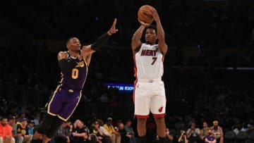Miami Heat guard Kyle Lowry (7) shoots against Los Angeles Lakers guard Russell Westbrook (0)(Richard Mackson-USA TODAY Sports)