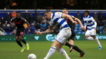 LONDON, ENGLAND - FEBRUARY 15: Jordan Hugill of Queens Park Rangers scores his team's first goal during the Sky Bet Championship match between Queens Park Rangers and Stoke City at The Kiyan Prince Foundation Stadium on February 15, 2020 in London, England. (Photo by Andrew Redington/Getty Images)