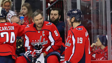 NEWARK, NJ - DECEMBER 20: Washington Capitals left wing Alex Ovechkin (8) talks with Washington Capitals center Nicklas Backstrom (19) during the first period of the National Hockey League game between the New Jersey Devils and the Washington Capitals on December 20, 2019 at the Prudential Center in Newark, NJ. (Photo by Rich Graessle/Icon Sportswire via Getty Images)
