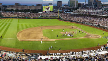 OMAHA, NE - JUNE 30: (EDITORS NOTES: This is a panoramic stitched from separate photos) The Mississippi State Bulldogs celebrate after defeating the Vanderbilt Commodores 9-0 in the 2021 NCAA Division I Men's Baseball Championship at TD Ameritrade Park on June 30 in Omaha, Nebraska. (Photo by Chris Gjevre/Blakeway World Panoramas/Getty Images)