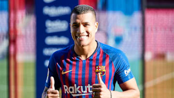 BARCELONA, SPAIN - DECEMBER 27: Jeison Murillo poses during his presentation as new player of FC Barcelona at Nou Camp on December 27, 2018 in Barcelona, Spain. (Photo by Quality Sport Images/Getty Images)