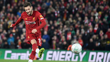 LIVERPOOL, ENGLAND - OCTOBER 30: Adam Lallana of Liverpool scores his sides second penalty during the penalty shoot out during the Carabao Cup Round of 16 match between Liverpool and Arsenal at Anfield on October 30, 2019 in Liverpool, England. (Photo by Laurence Griffiths/Getty Images)