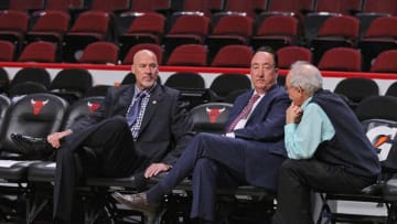 Dec 12, 2015; Chicago, IL, USA; Chicago Bulls vice president of basketball perations John Paxson (left) and general manager Gar Forman (center) talk with sports writer Sam Smith (right) prior to a game against the New Orleans Pelicans at the United Center. Mandatory Credit: Dennis Wierzbicki-USA TODAY Sports