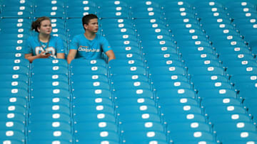 MIAMI GARDENS, FL - SEPTEMBER 01: Miami Dolphins fans look on during a preseason game against the Tennessee Titans at Hard Rock Stadium on September 1, 2016 in Miami Gardens, Florida. (Photo by Mike Ehrmann/Getty Images)