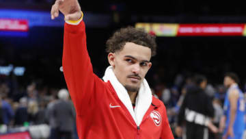 Mar 30, 2022; Oklahoma City, Oklahoma, USA; Atlanta Hawks guard Trae Young (11) waves to fans following the game against the Oklahoma City Thunder at Paycom Center. Mandatory Credit: Alonzo Adams-USA TODAY Sports