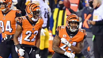 CINCINNATI, OH - DECEMBER 21: William Jackson III #22 of the Cincinnati Bengals and Vonn Bell #24 of the Cincinnati Bengals celebrate a fumble recovery against the Pittsburgh Steelers at Paul Brown Stadium on December 21, 2020 in Cincinnati, Ohio. (Photo by Jamie Sabau/Getty Images)