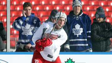Dec 30, 2016; Toronto, ON, Canada; Detroit Red Wings center Dylan Larkin (71) practices two days before playing against the Toronto Maple Leafs in the Centennial Classic hockey game at BMO Field. Mandatory Credit: Tom Szczerbowski-USA TODAY Sports