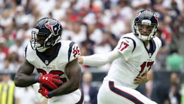 Sep 11, 2016; Houston, TX, USA; Houston Texans quarterback Brock Osweiler (17) hands off to running back Lamar Miller (26) during the game against the Chicago Bears at NRG Stadium. Mandatory Credit: Kevin Jairaj-USA TODAY Sports