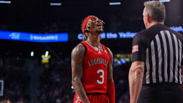 Feb 25, 2023; Atlanta, Georgia, USA; Louisville Cardinals guard El Ellis (3) reacts against the Georgia Tech Yellow Jackets in the second half at McCamish Pavilion. Mandatory Credit: Brett Davis-USA TODAY Sports