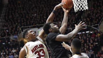 Feb 27, 2016; West Lafayette, IN, USA; Maryland Terrapins center Diamond Stone (33) blocks the shot of Purdue Boilermakers forward Caleb Swanigan (50) in the first half at Mackey Arena. Mandatory Credit: Sandra Dukes-USA TODAY Sports