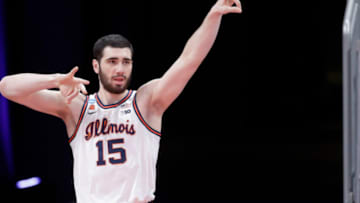Illinois Fighting Illini forward Giorgi Bezhanishvili (15) cheers on his teammate during a three-pointer during the second round of the 2021 NCAA Tournament on Sunday, March 21, 2021, at Bankers Life Fieldhouse in Indianapolis, Ind. Mandatory Credit: Alton Strupp/IndyStar via USA TODAY Sports