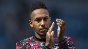 MANCHESTER, ENGLAND - AUGUST 28: Pierre-Emerick Aubameyang of Arsenal applauds the fans after the Premier League match between Manchester City and Arsenal at Etihad Stadium on August 28, 2021 in Manchester, England. (Photo by Visionhaus/Getty Images)